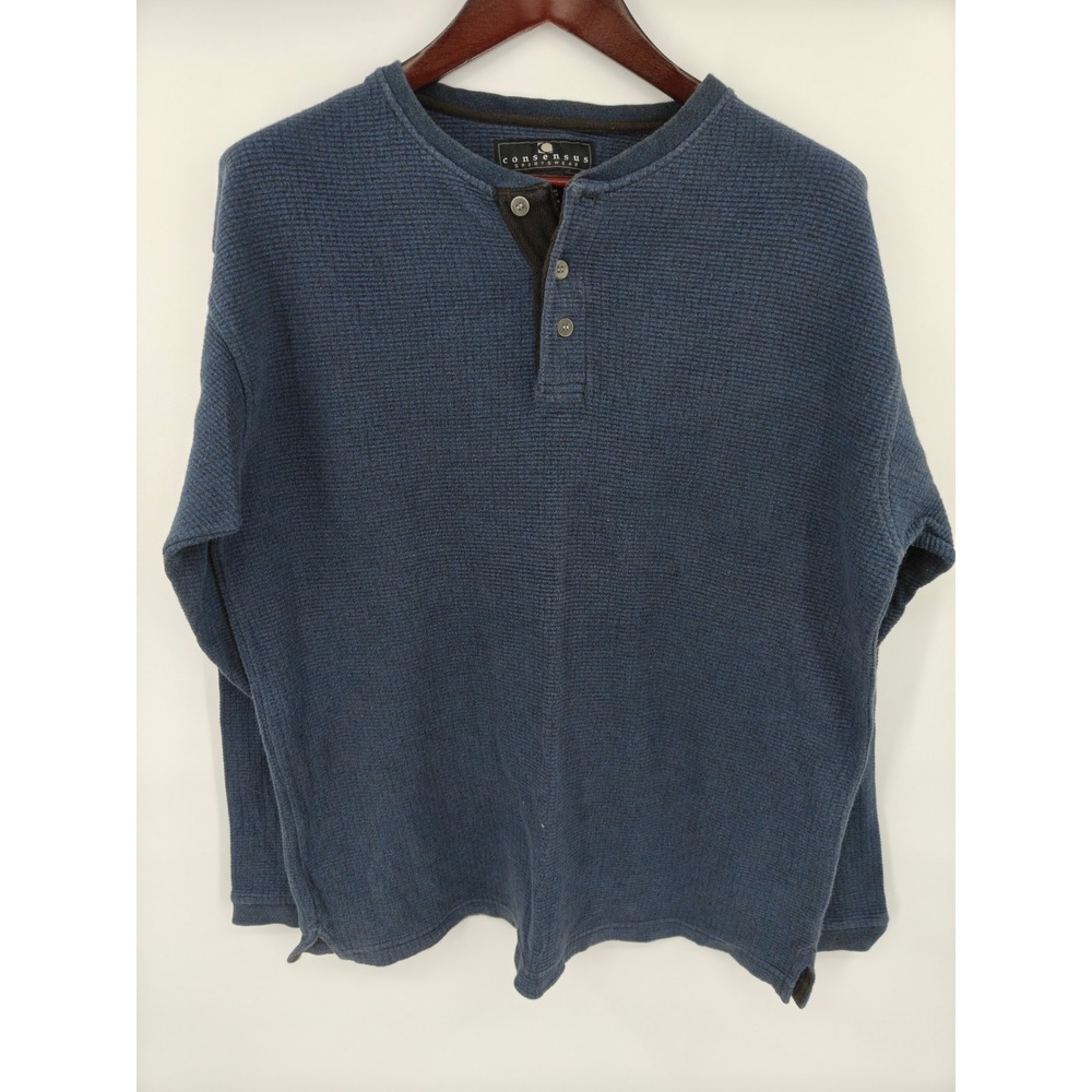 Consensus Sportswear Mens Large Blue Waffle Knit Cotton Henley Sweater L